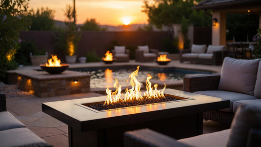 Modern propane fire pit table on luxury outdoor patio with seating area.